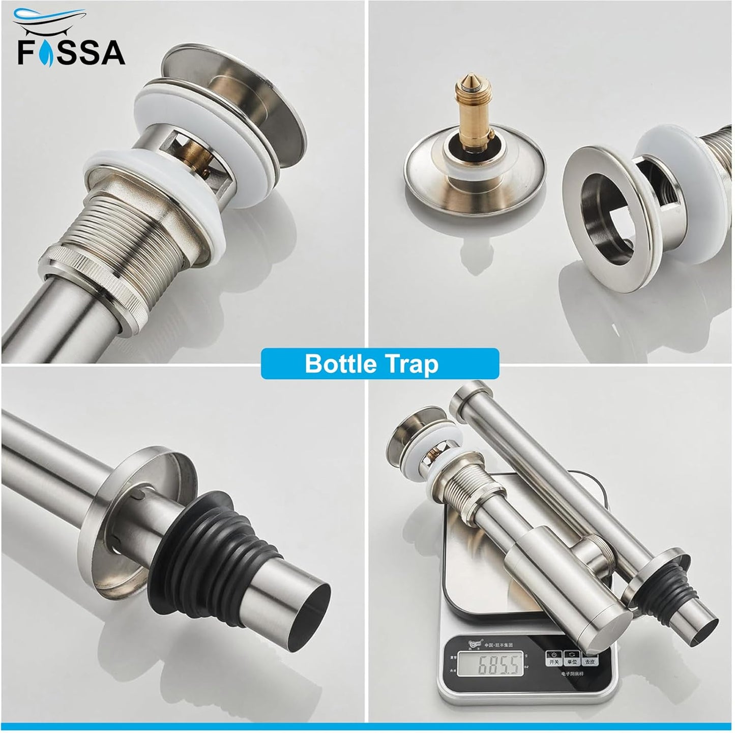 Fossa 304 Stainless Steel Bottle Trap Set with Waste Outlet Pipe for Bathroom Wash Basin/Kitchen Sink (Bottle Trap with Coupling) (Silver)