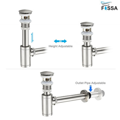 Fossa 304 Stainless Steel Bottle Trap Set with Waste Outlet Pipe for Bathroom Wash Basin/Kitchen Sink (Bottle Trap with Coupling) (Silver)