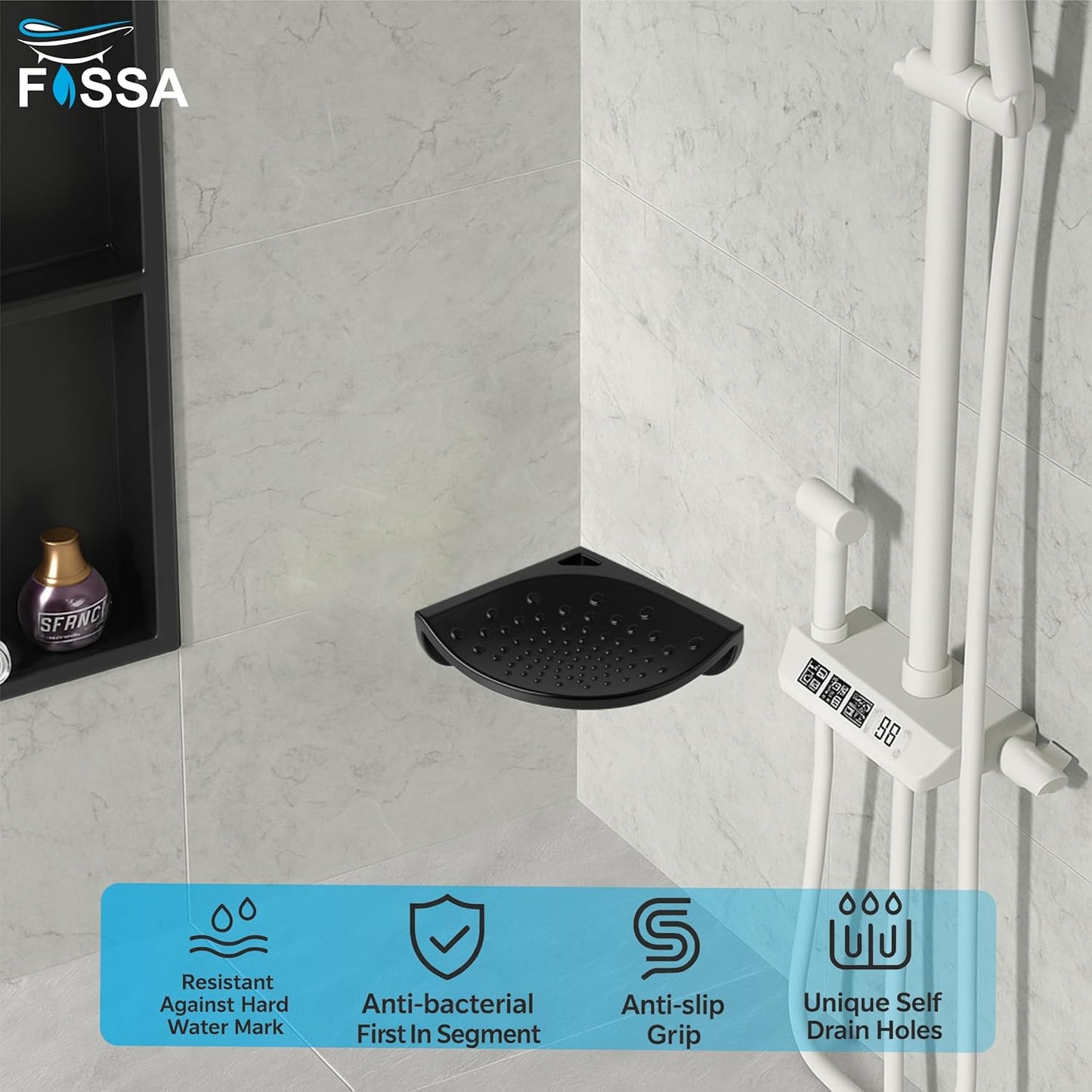 Fossa Classic Ceramic Unbreakable Foot Rest Stand for Smart Bathroom Corner – Adjustable Leg Support, Anti-Slip Design for Shaving | Foot Rest Stand (Black) Glossy Finish