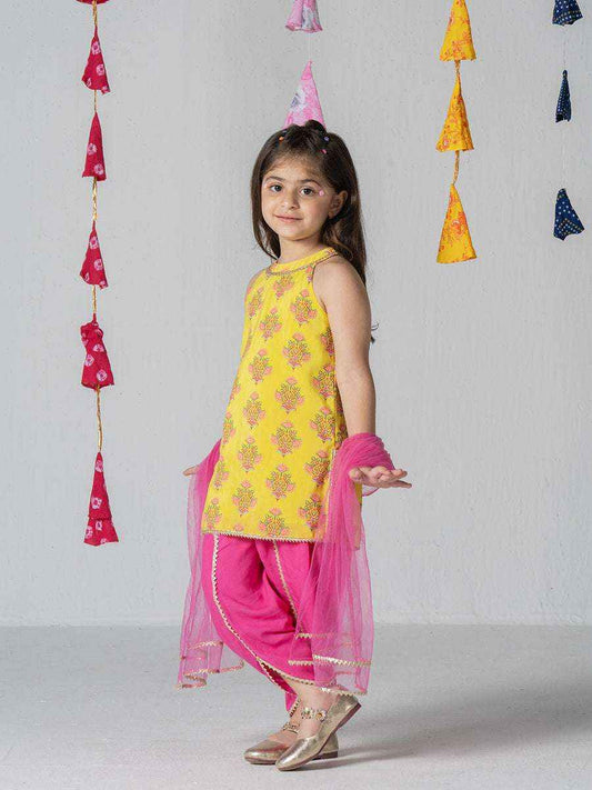 Gulaabo Charm Yellow & Pink Patiala Kurta Set